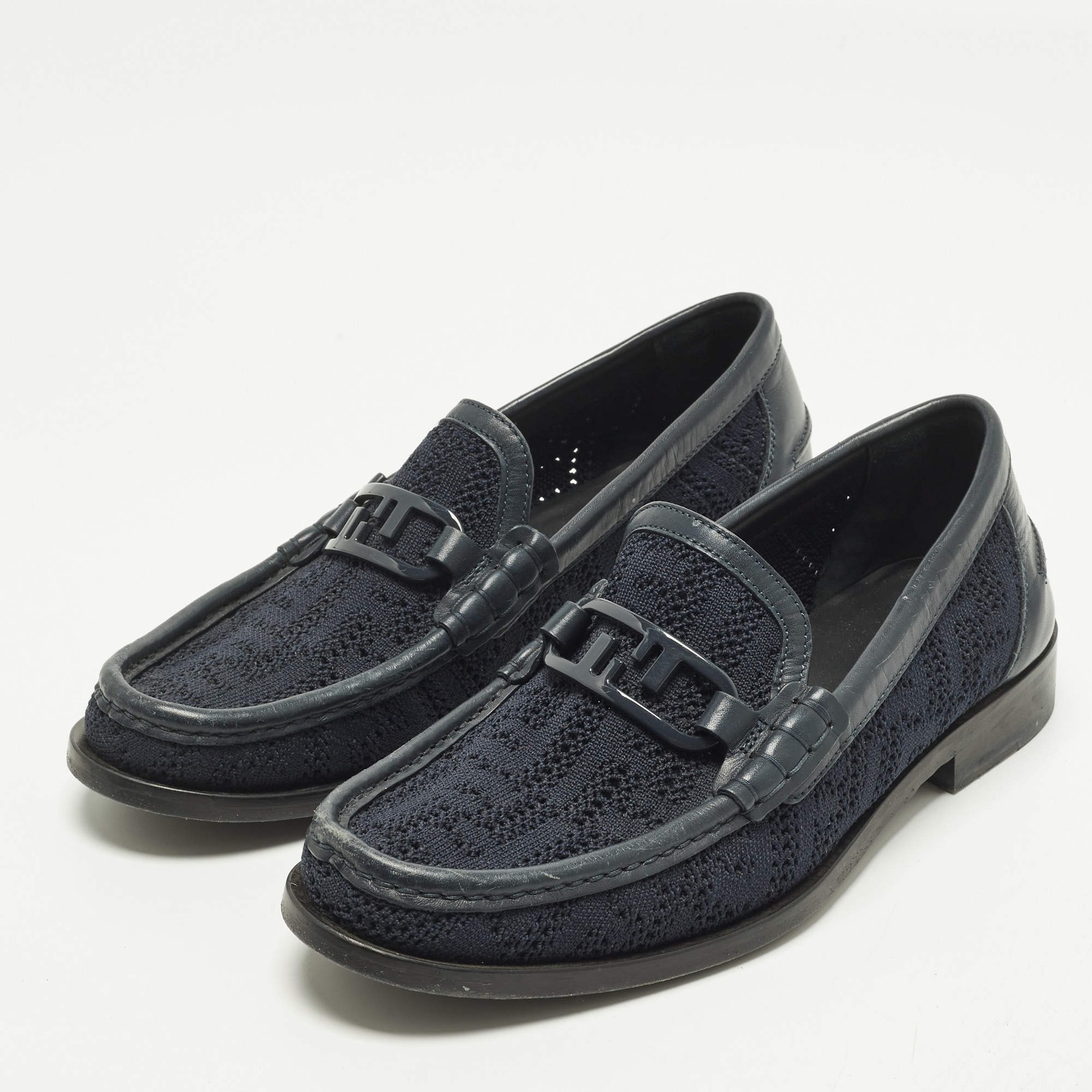 Fendi OLock Size 41 Blue Knit Fabric And Leather Loafers thumbnail 2
