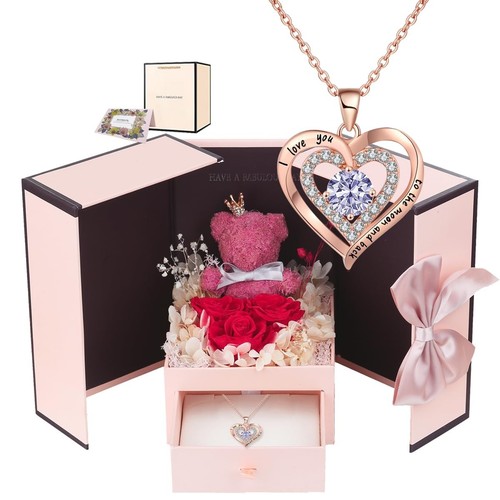 Preserved Real Rose Gift Box with Heart Necklace for Mom Girlfriend Wife on C...