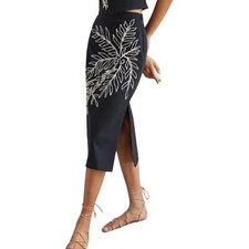 MAEVE BY ANTHROPOLOGIE Embroidered Palm Tree Black Side-Slit Midi Skirt 6