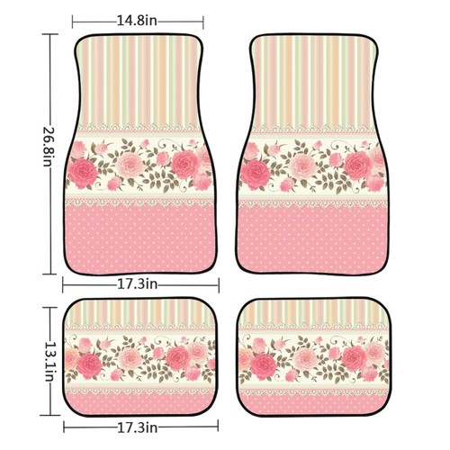 Pink Rose Car Floor Mats Vintage Climbing Roses Floral Striped Polka Dot Back... - Picture 2 of 7