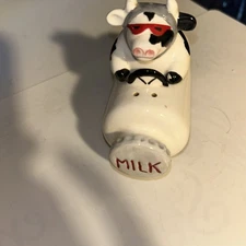Vintage Clay Art Cow and Milk Bottle Racecar Salt & Pepper Shaker SetB31#22