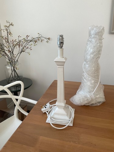 Pair of Laura Ashley Tall White Corinthian Column Table Lamps & Pleated Shades - Picture 2 of 3
