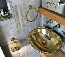 Moroccan hammered TARNISHED BRASS antique style shallow oval sink wash basin