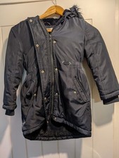 Debenhams Bluezoo Girls Navy Coat. Faux Fur Hood And Lining Age 7-8