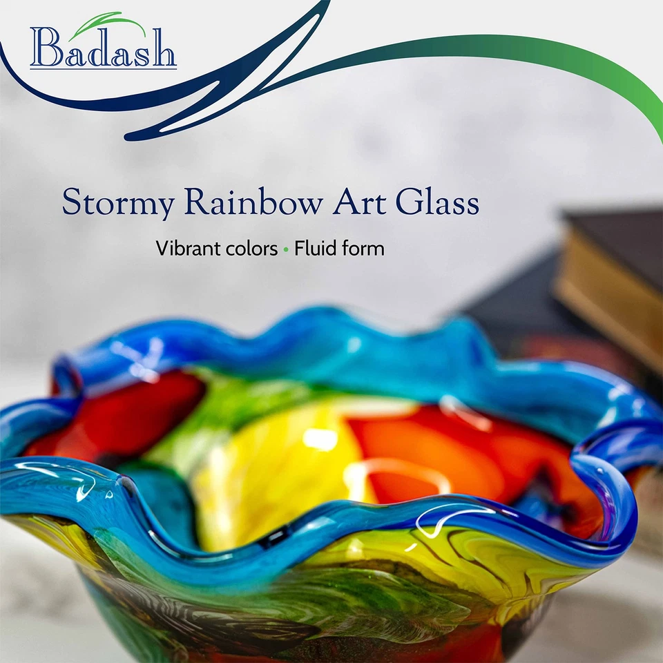 Stormy Rainbow Art Glass - Murano-Style Art Glass Bowl Centerpiece - 8" Mouth... - Image 3 of 4