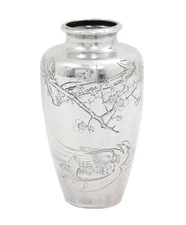 Japanese Meiji Pure Silver Vase Nakagawa Engraved Ducks & Cherry Blossoms 6'' H