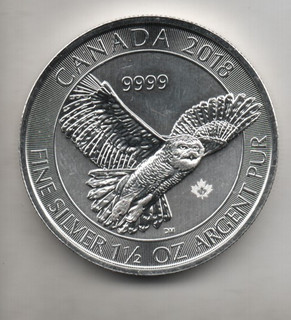 2018 CANADIEN ROYAL MINT WILD LIFE OWL OUNCE 1 1/2 OZ FINE .9999 FINE SILVER