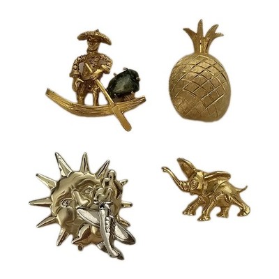 Lot Of 4 VTG Gold Tone BSK & ART Designer Brooches Pineapple Elephant Sun Boat