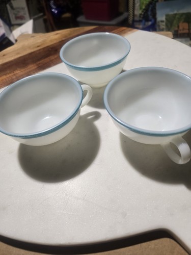 Pyrex Milk Glass Cups Set of 3 White with Blue Trim