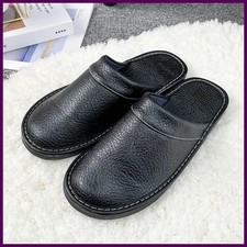 Black Home Leather Slippers Men's Indoor Flats Waterproof Autumn Lovers Shoes.