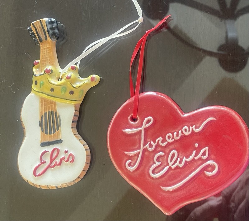 Gail Pittman RARE Elvis Ornaments Set Of 2 Guitar & Heart Pottery Hand Painted
