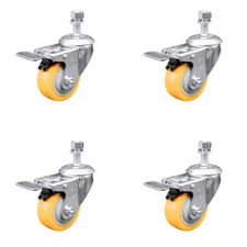 3 Inch Yellow Polyurethane Swivel 12mm Stem Caster Set with Total Lock Brake
