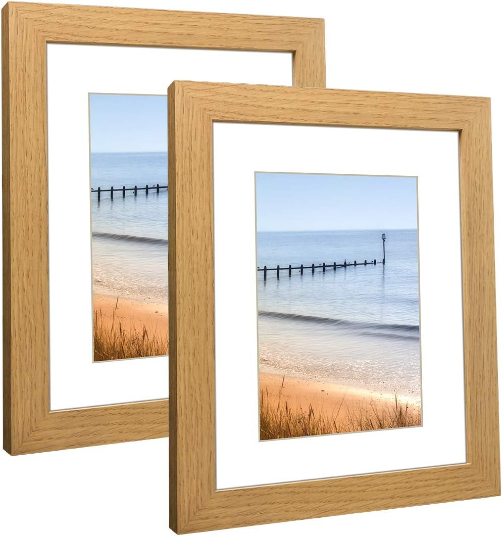 8X10 Picture Frames Nature Wood Oak Set of 2, with Mat,Display 5X7 Picture (QH00-image
