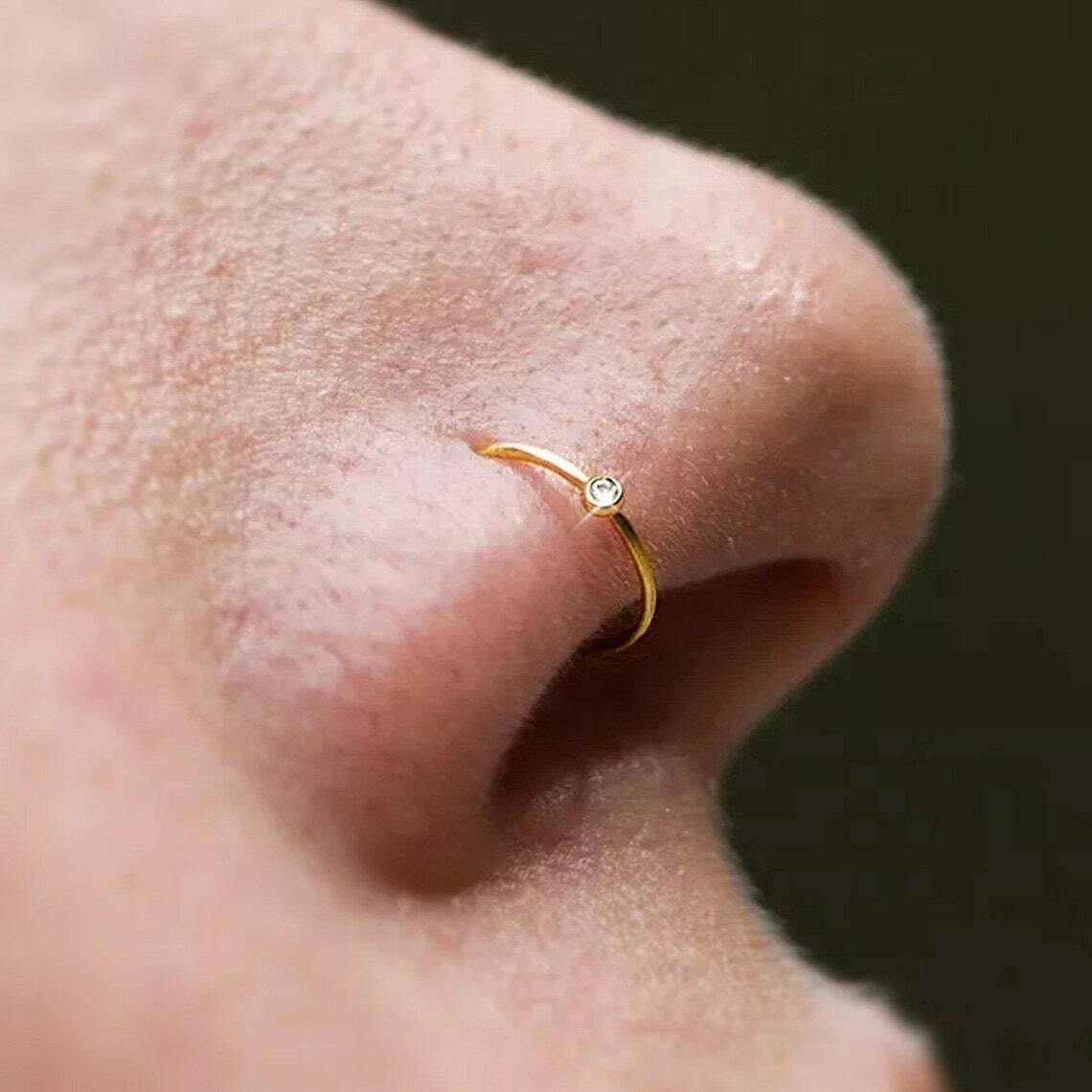 Diamond Nose Hoop 18K Solid Yellow Gold Nose Ring 24g Dainty Thin ...