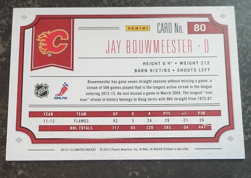 2012-13 Panini Limited Silver /49 Jay Bouwmeester #80 Calgary Flames Hockey Card - Picture 3 of 3