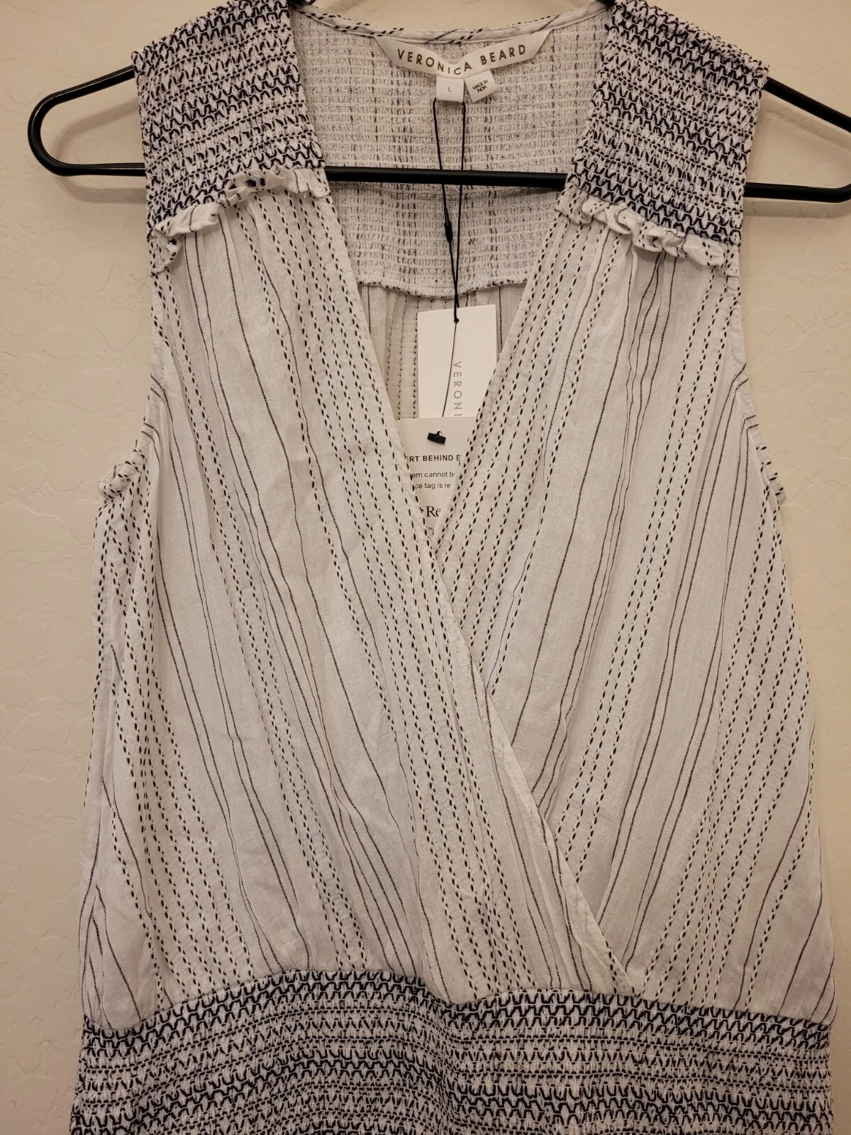 OFF WHITE Mini abito senza maniche Veronica Beard Cox smocked bianco blu taglia large nuovo con etichette