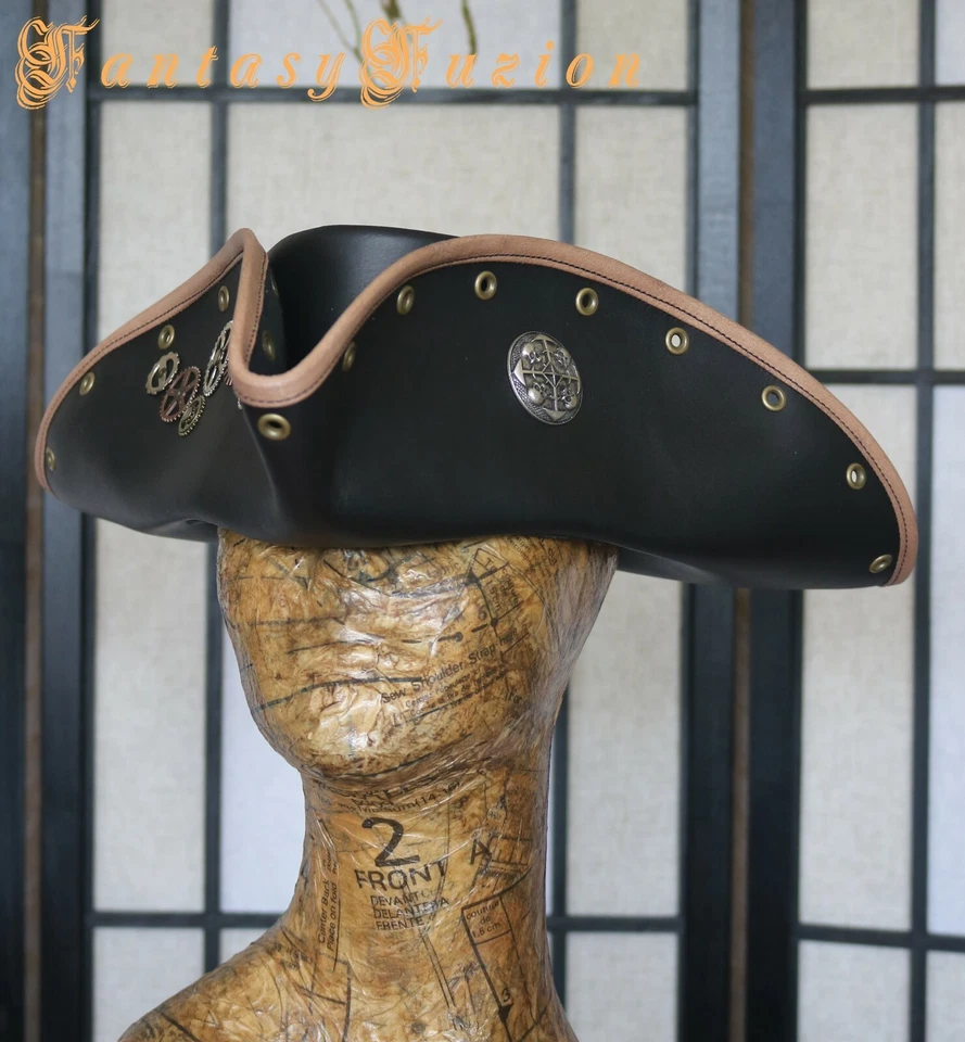 Pirate Tricorn Hat Steampunk Airship Captain Futurist Industrial Leather Hat — 第 3/3 张图片