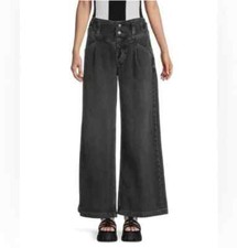 Free People We the Free Super Sweeper Full Wide Leg Jeans Denim Black Size M REA