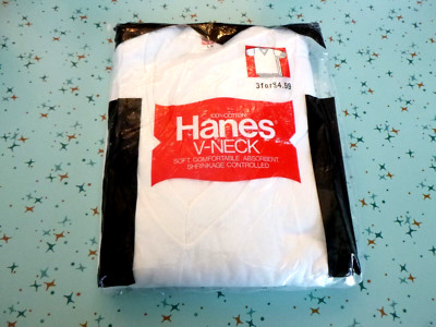 NOS PKG of 3 Vtg 70s Hanes 100% Cotton V Neck T Shirts White Undershirts Sz L