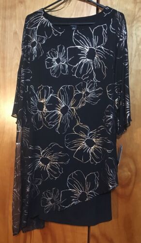 SLNY Formal Tank Dress w/ Short-Sleeve Sheath- Black with Gold Metallic Design