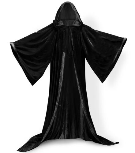 Black -Black Cape Hooded Cloak Wizard Robes Renaissance New STOCK - Picture 1 of 16