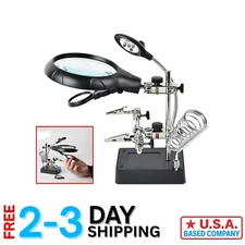 Hands-Free Magnifier with Adjustable Clips & LED Light for Soldering Projects