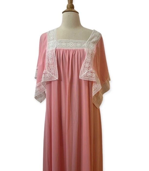 Glam 1970’s Pink Bohemian Maxi Slip Dress , White Lace Trim, Medium - Image 3 of 4