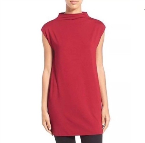 EILEEN FISHER Tunic M Viscose Stretch Jersey Funnel Neck Cap Sleeve Red Top - Picture 2 of 10