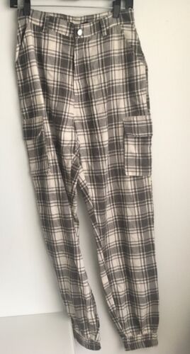 missguided white washed check brushed plaid cargo joggers size 6 - Picture 1 of 5