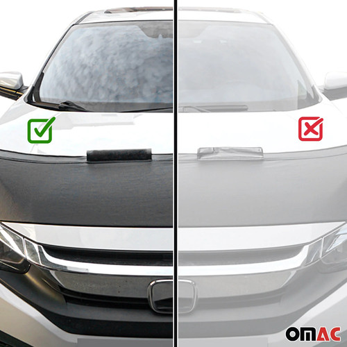 Black car bonnet mask hood bra with white logo sticker and red cross graphic on VW Touareg 2004-2010 front grille.