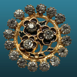 Sweet Antique Gilt Brass Brass with Enamel Flowers and Claw Set Pastes