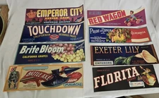 8 Vintage California Fruit Crate Labels Red Wagon Battle Axe Emperor City NOS