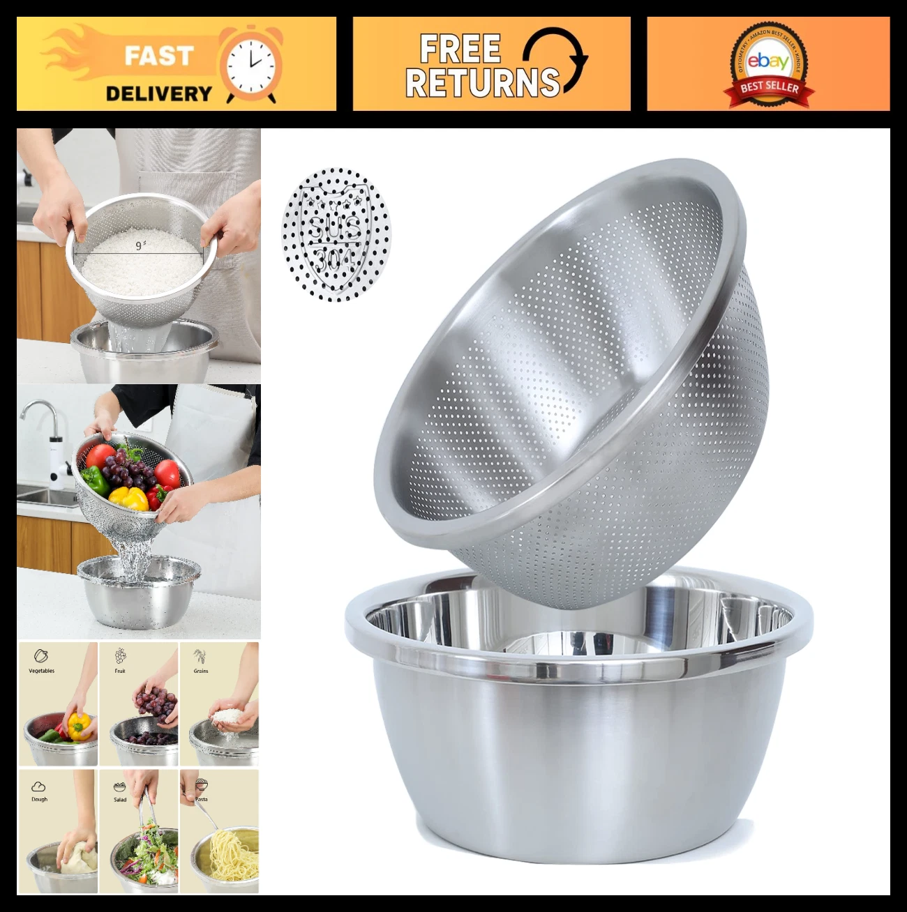 304 Stainless Steel Colander Set, 3.5QT Large Capacity, Mixing Bowl for Veggies,
