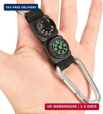 Black Carabiner Key Chain Compass Thermometer Metal Camping Outdoor Gadgets Hiki