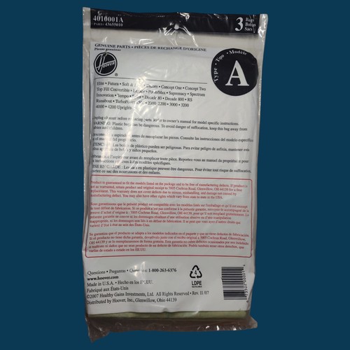 Bolsas para aspiradora Hoover tipo A "piezas originales" 4010100A/43655092 - Paquete de 3 - Imagen 2 de 8