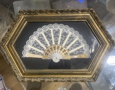 Antique Lace Hand Fan Framed in Ornate Gold Frame   Victorian Style