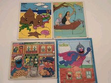 Vintage Playskool 1980s 1990s Wooden Puzzles Lot 4 Disney, Barney, Seasame