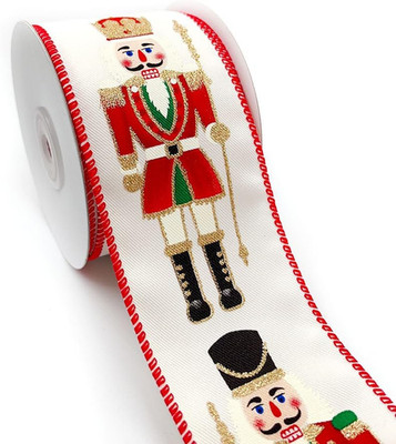 Designer'S Shop WR 63-5222 Nutcracker Holiday Ribbon, Red Gold White | Wired Edg