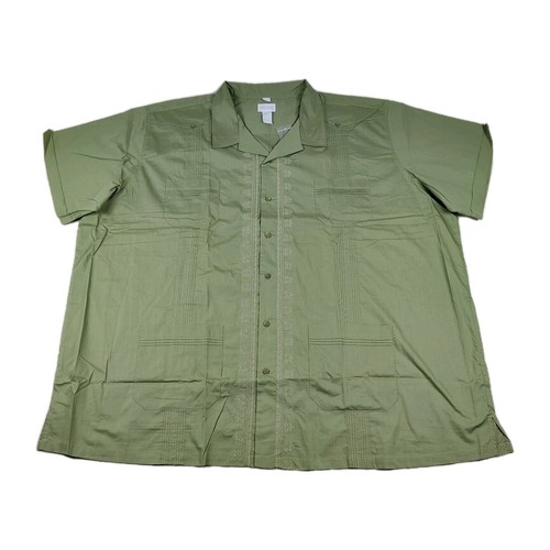 NWT King Size Men's 6XL Guayabera Shirt Olive Green Embroidered Short Sleeve B&T - Picture 2 of 14