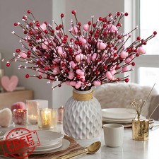 AXYLEX 8pk Pink Berry Heart Floral Picks for Valentines Day Decor