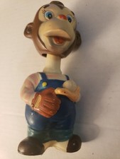ALPS Monkey Bobble Head Vtg Wind Up Plastic Baseball Spinning Tail Chimp 60s Toy