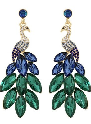 Elegant Bird Peacock Dangle Drop Earrings 14K Gold Sparkling Blue/Green Gemstone