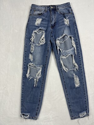 Missguided Jeans Womens Petite Straight Medium Wash Distressed Jeans 