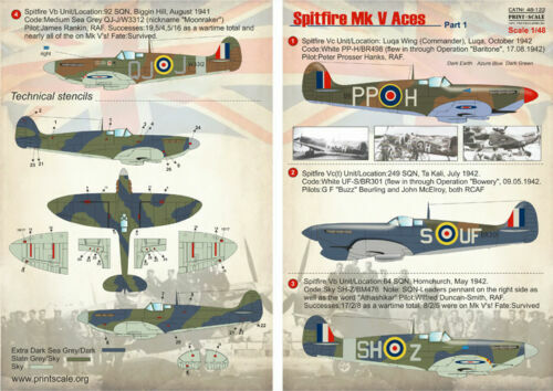 Print Scale 48-122 - 1/48 Decal for Airplane Spitfire Mk V Aces, Part 1 Aircraft - Picture 6 of 12