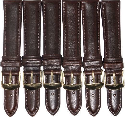 Lot of 6Pcs.Watch Bands Genuine Leather D.Brown Padded,Stitched 16mm,18mm, 20mm
