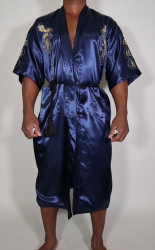 MEN'S SATIN DRAGON BLUE EMBROIDERED ROBE (SIZE L) - Picture 1 of 2