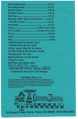 1994 Cottonwood Junction Frosty on Ice #JW067 16" x 17" Schnittmuster ungeschnitten - Bild 2 von 3
