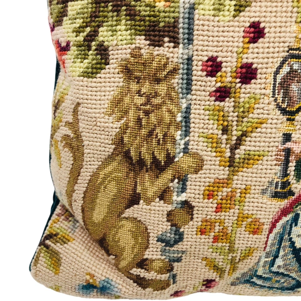 Wool Needlepoint Pillow Lady and the Unicorn & Lion Petit Point 15 in x 15 in - Image 3 of 4