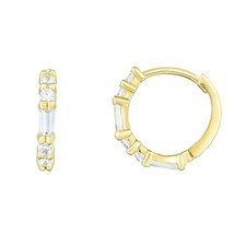Cute Small Hinged Huggie Hoop Earrings With CZ Stones Real 14K Yellow Gold