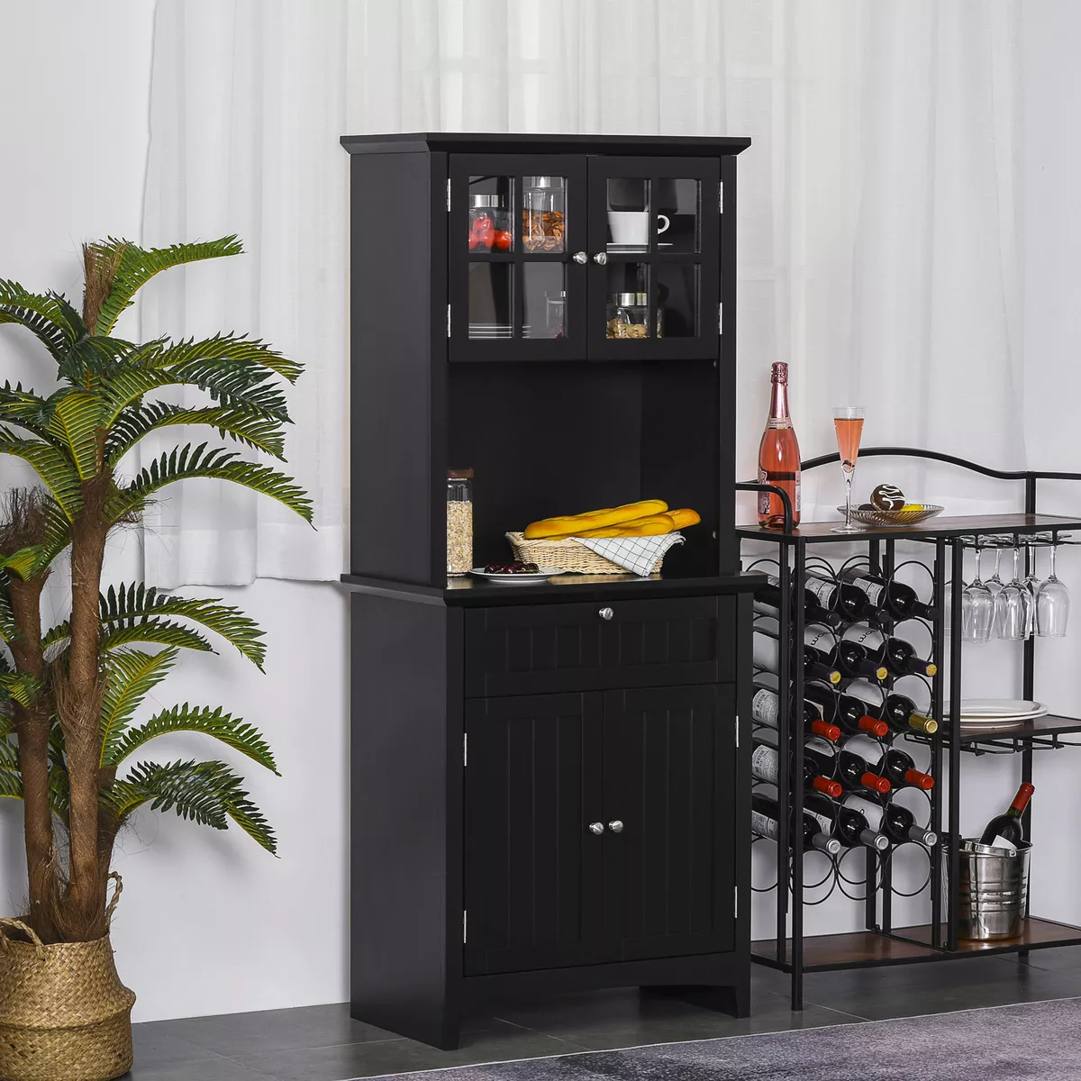 Black Wooden Tall Microwave Cabinet Cupboard Pantry Kitchen Storage Organizer